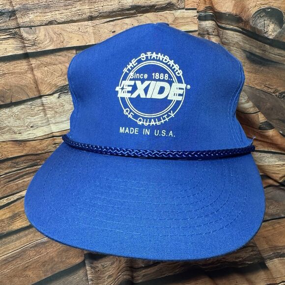 Exide Hat Cap Blue Adjustable Leather Strap Standard Of Quality Rope Trucker USA - Picture 1 of 7